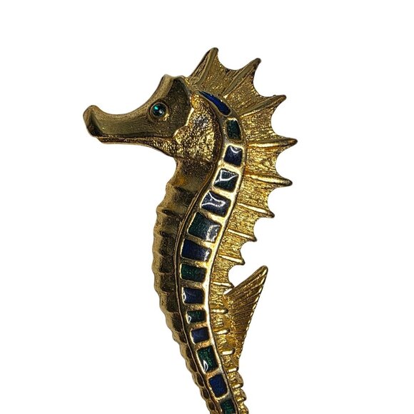 Vintage Gold tone Seahorse Pin Brooch Blue Green ocean animal beach - Picture 2 of 4